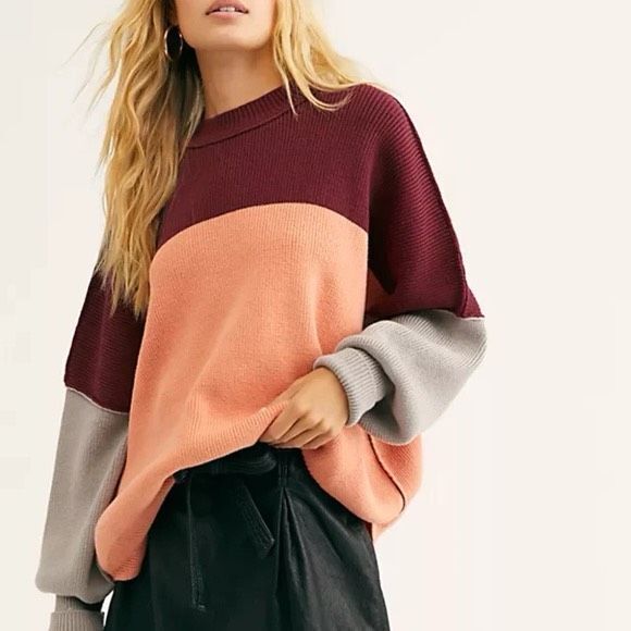 Free People Peach Combo Red Easy Street Tunic Sweater Size XS Oversized Relaxed - Picture 1 of 7
